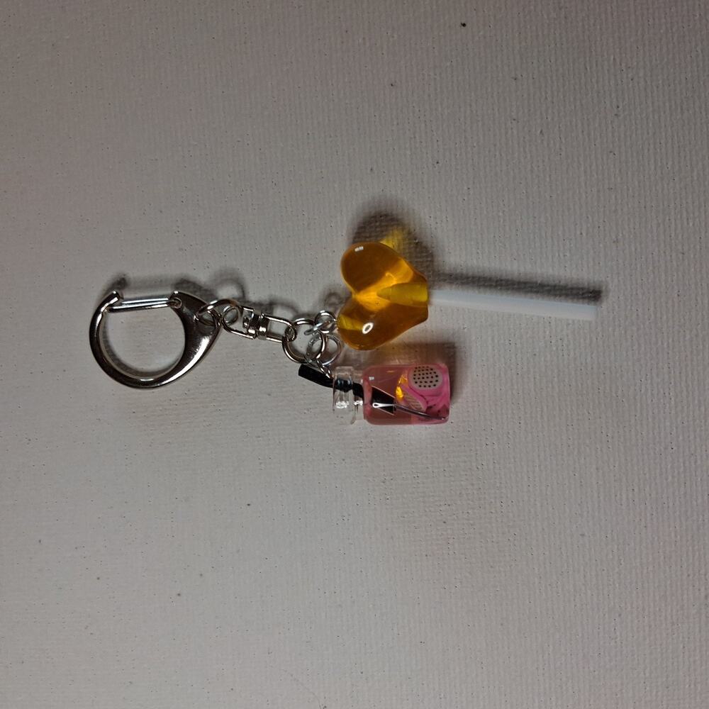 Dragon FRUIT Drink Yellow HEART lollipop Charm Keychain Silver METAL Dangle